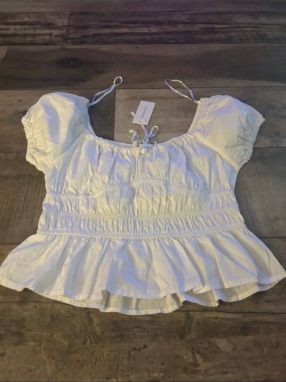 NWT sim & Sam Women’s White Puff-Sleeve Peplum Top size XL